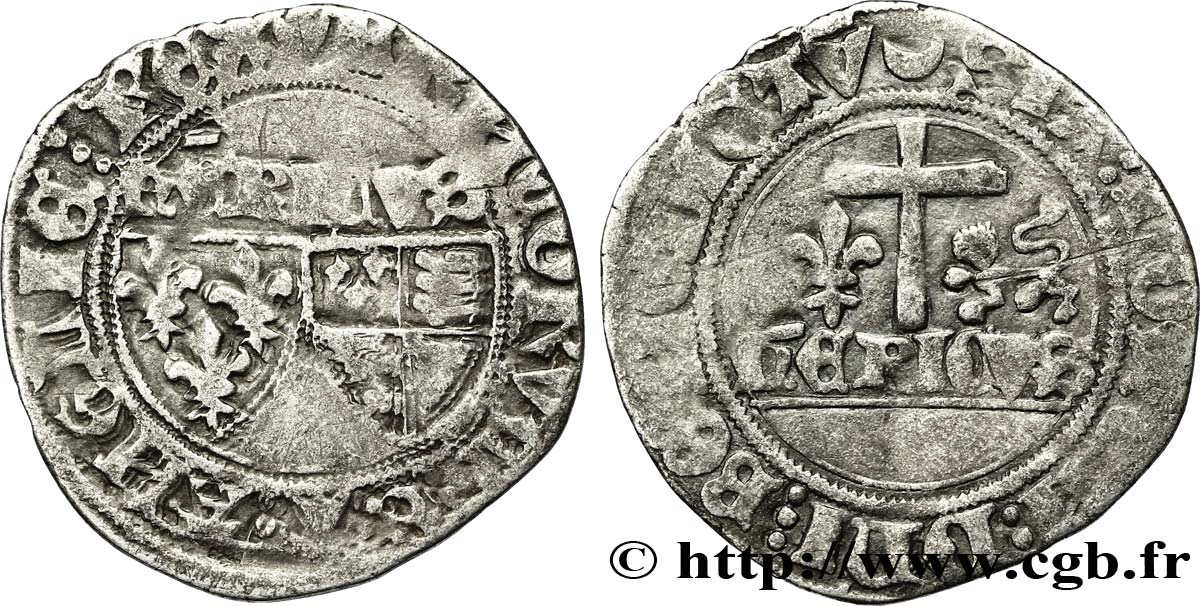 HENRY VI DE LANCASTRE - ROI DE FRANCE (1422-1453) - ROI D ANGLETERRE (1422-1461) et (1470-1471) Blanc aux écus n.d. Châlons-en-Champagne TTB