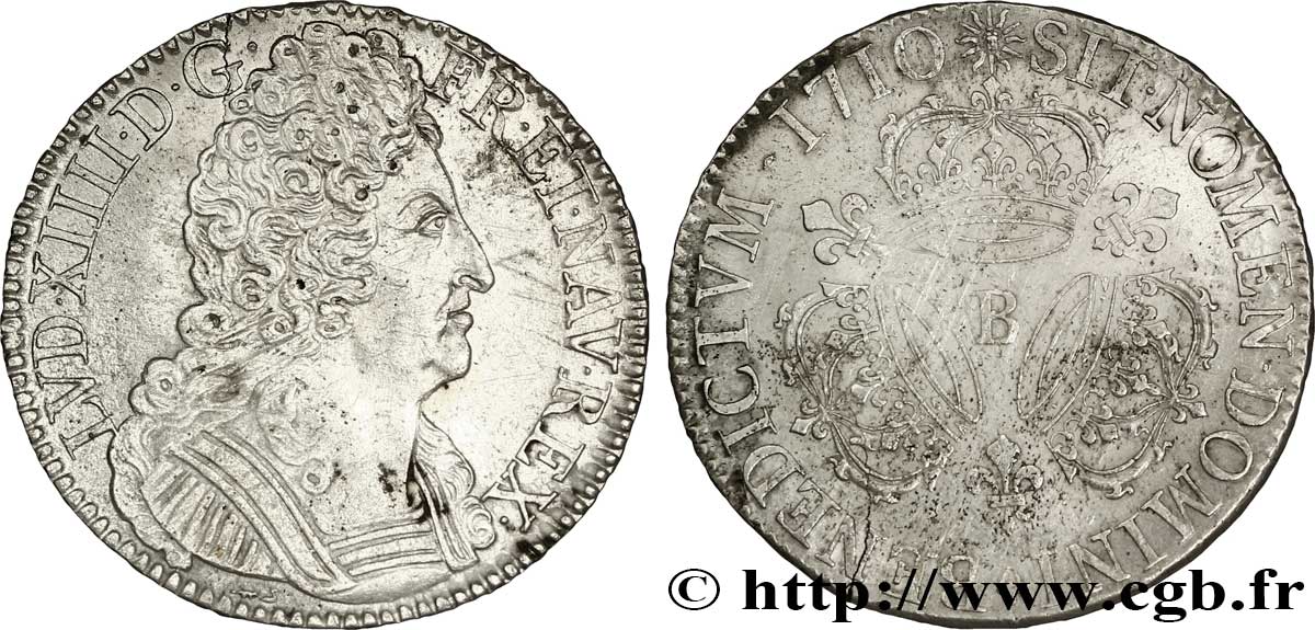 LOUIS XIV LE GRAND OU LE ROI SOLEIL Écu aux trois couronnes 1710 Rouen TTB+
