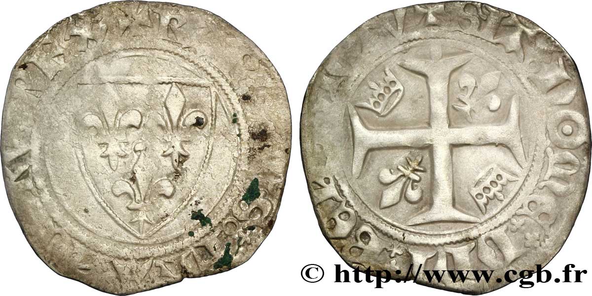 MONNAYAGE DU DUC DE BOURGOGNE AU NOM DE CHARLES VI LE FOU OU LE BIEN AIMÉ Blanc dit &nbsp;guénar&nbsp; n.d. Châlons-en-Champagne TB