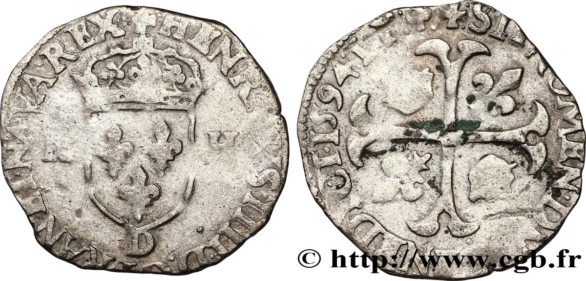 HENRI IV LE GRAND Douzain aux deux H, 2e type 1594 Lyon TB