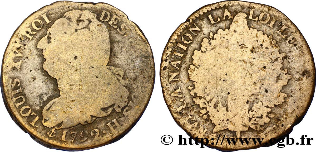 LOUIS XVI (MONARQUE CONSTITUTIONNEL)  2 sols dit  au faisceau , type FRANÇOIS 1792 La Rochelle B