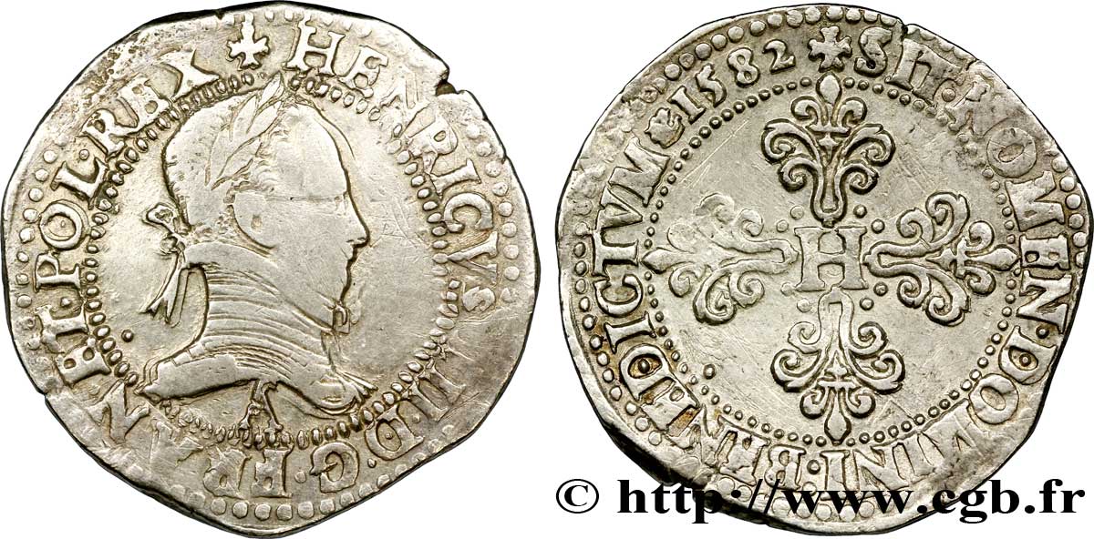 HENRI III Franc au col plat 1582 Paris TB+/TTB