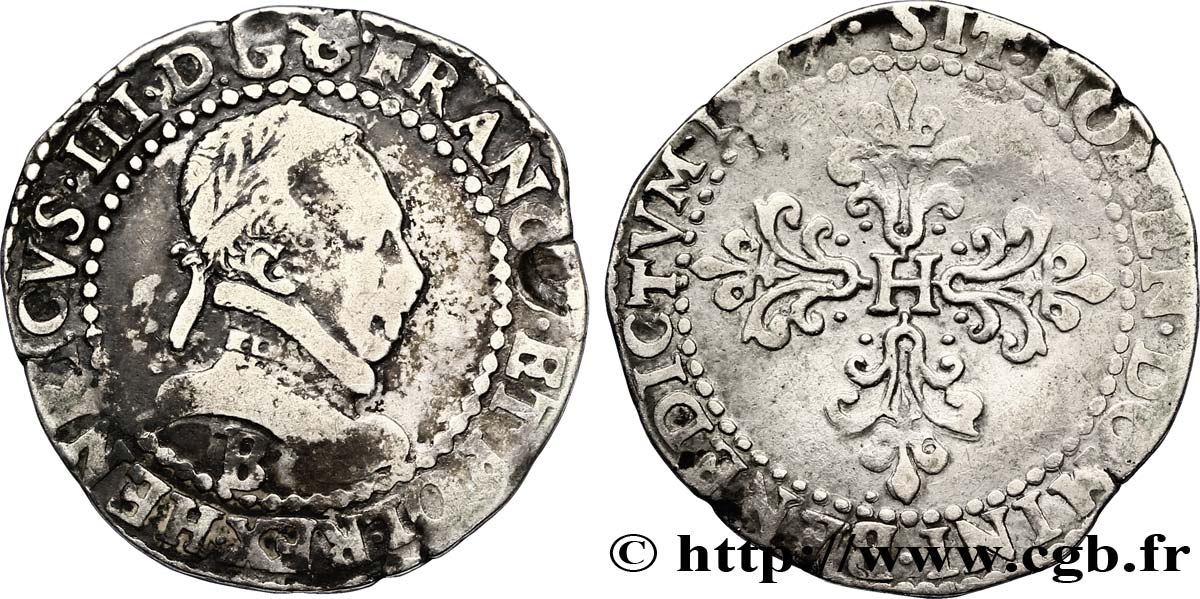 HENRI III Demi-franc au col plat 1587 Rouen TB/TB+