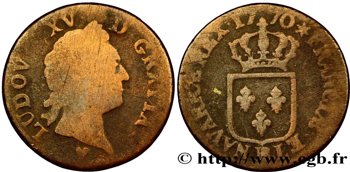 LOUIS XV DIT LE BIEN AIMÉ Sol dit &nbsp;à la vieille tête&nbsp; 1770 Strasbourg B+