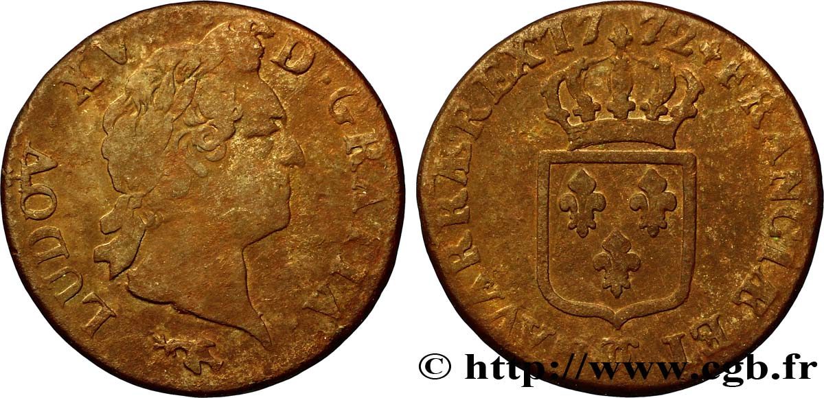 LOUIS XV DIT LE BIEN AIMÉ Sol dit &nbsp;à la vieille tête&nbsp; 1772 Besançon TB+