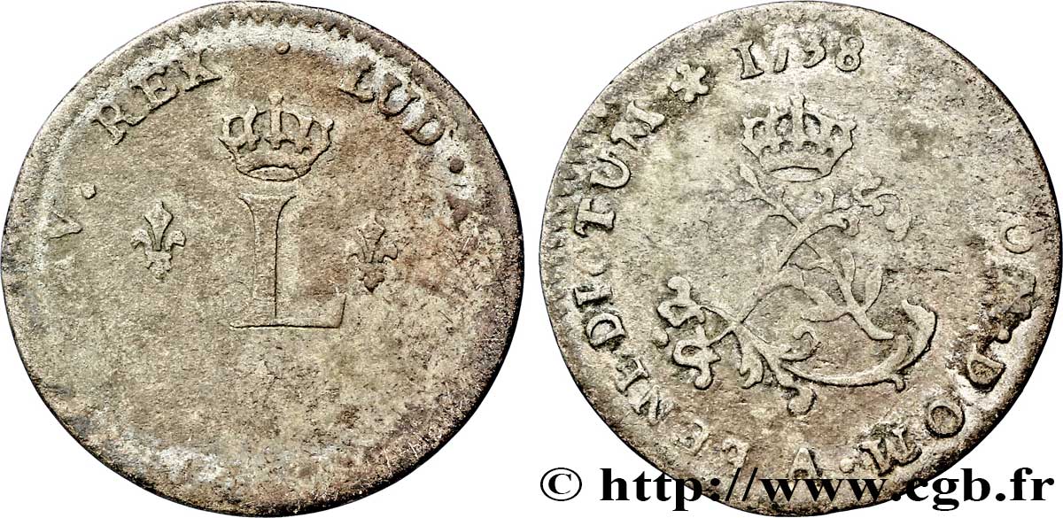 LOUIS XV DIT LE BIEN AIMÉ Double sol de billon 1738 Paris B+/TB