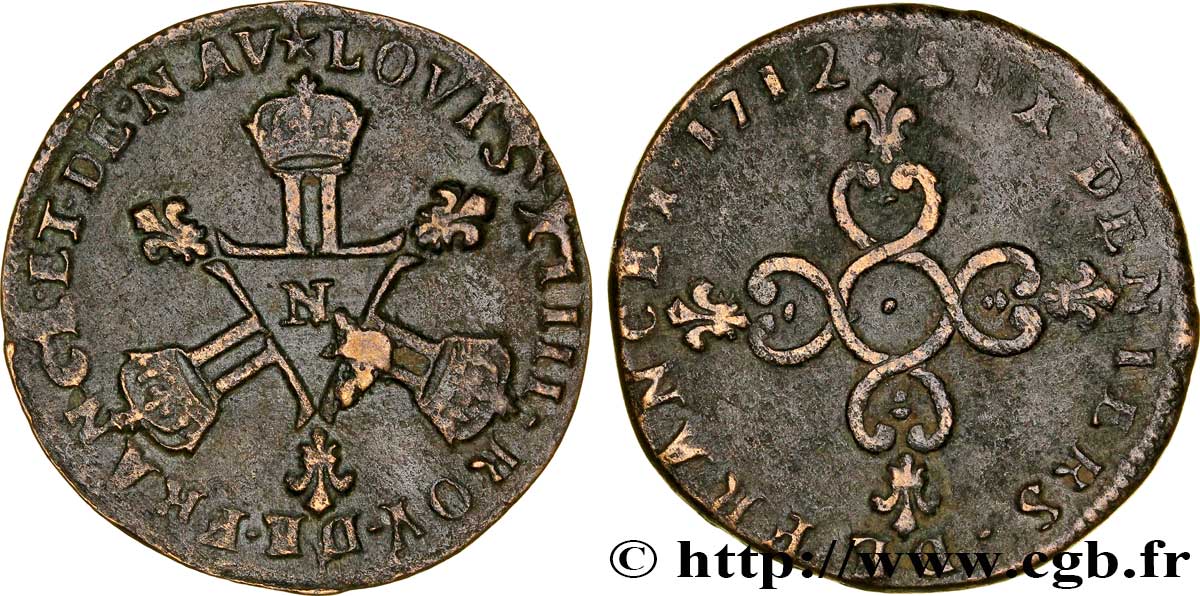 LOUIS XIV LE GRAND OU LE ROI SOLEIL Six deniers dits  Dardenne  1712 Montpellier TTB