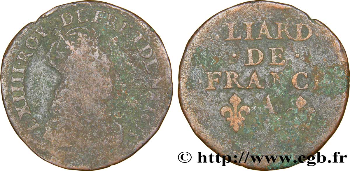 LOUIS XIV LE GRAND OU LE ROI SOLEIL Liard de cuivre, 2e type 1655 Corbeil B
