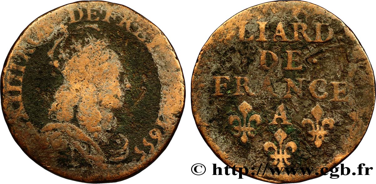LOUIS XIV LE GRAND OU LE ROI SOLEIL Liard de cuivre, 2e type 1655 Corbeil B