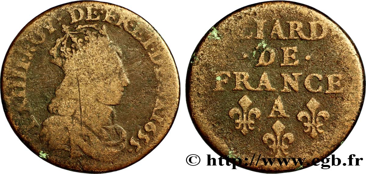 LOUIS XIV LE GRAND OU LE ROI SOLEIL Liard de cuivre, 2e type 1655 Corbeil B+