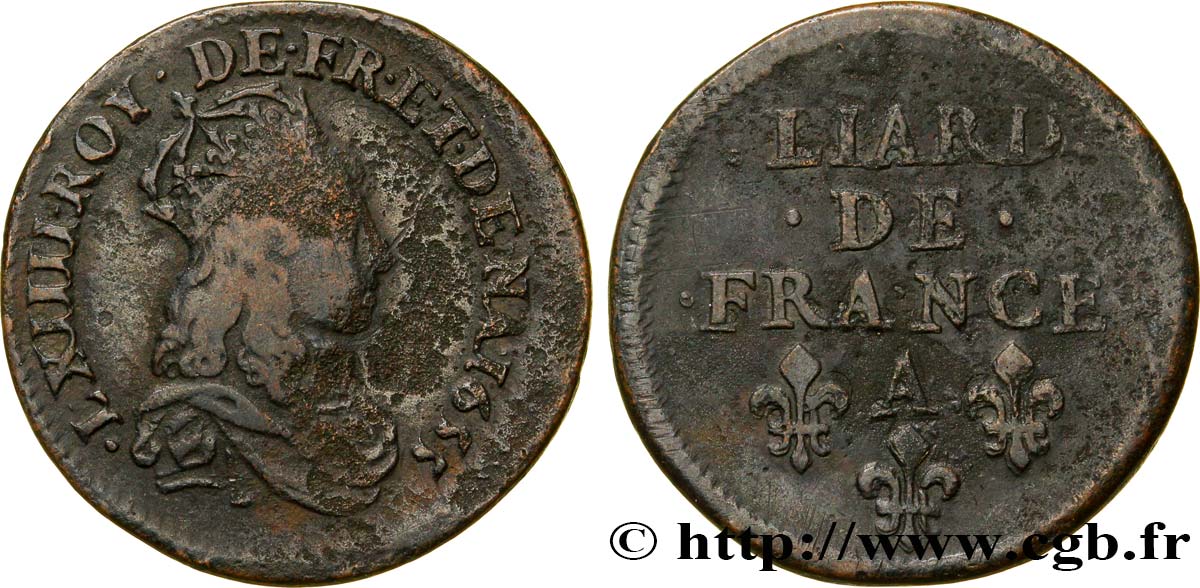 LOUIS XIV LE GRAND OU LE ROI SOLEIL Liard de cuivre, 2e type 1655 Corbeil TB