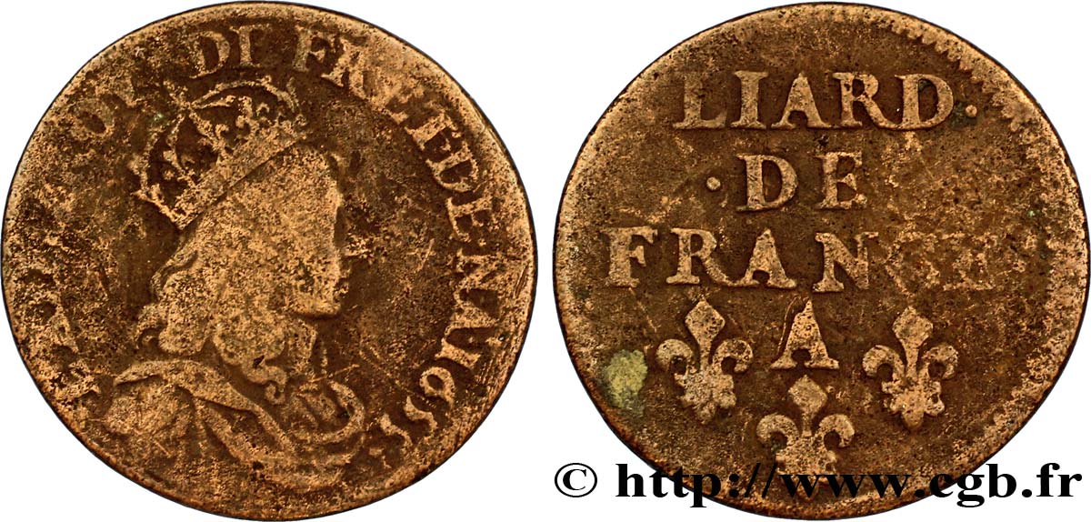 LOUIS XIV  THE SUN KING  Liard de cuivre, 2e type 1655 Corbeil VG