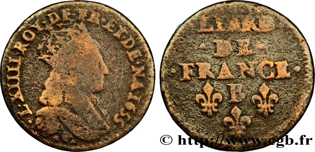 LOUIS XIV LE GRAND OU LE ROI SOLEIL Liard de cuivre, 2e type 1655 Pont-de-l’Arche TB