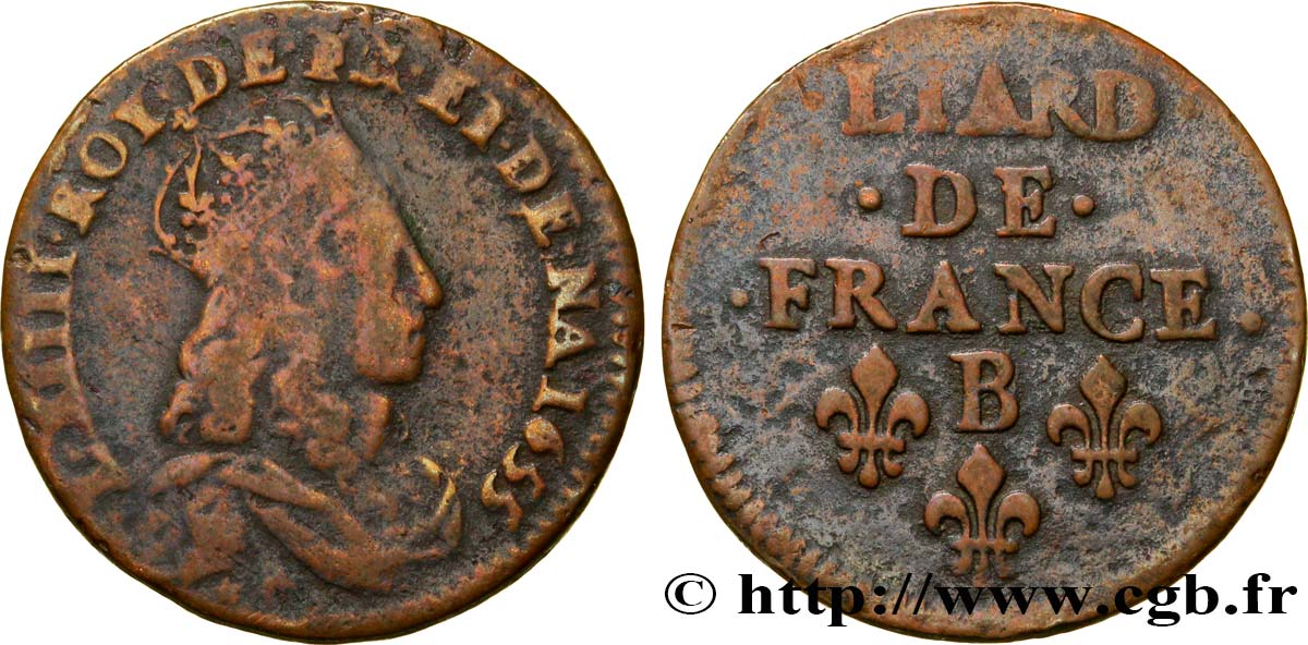 LOUIS XIV  THE SUN KING  Liard de cuivre, 2e type 1655 Pont-de-l’Arche fSS