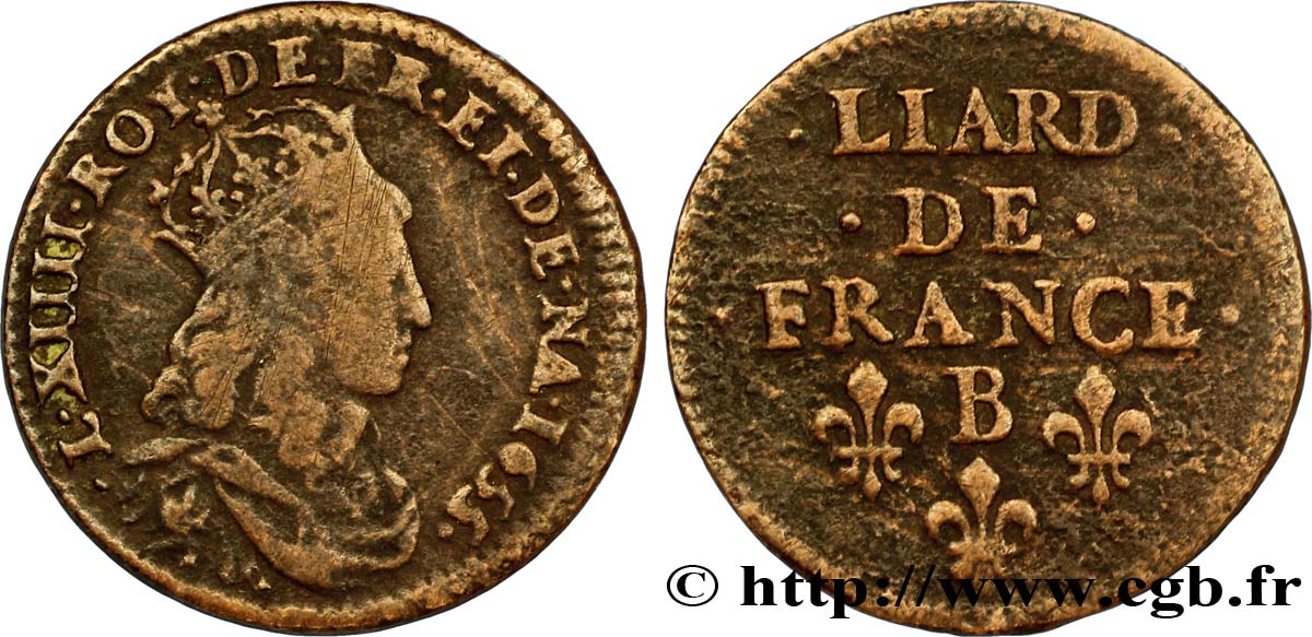 LOUIS XIV LE GRAND OU LE ROI SOLEIL Liard de cuivre, 2e type 1655 Pont-de-l’Arche TB