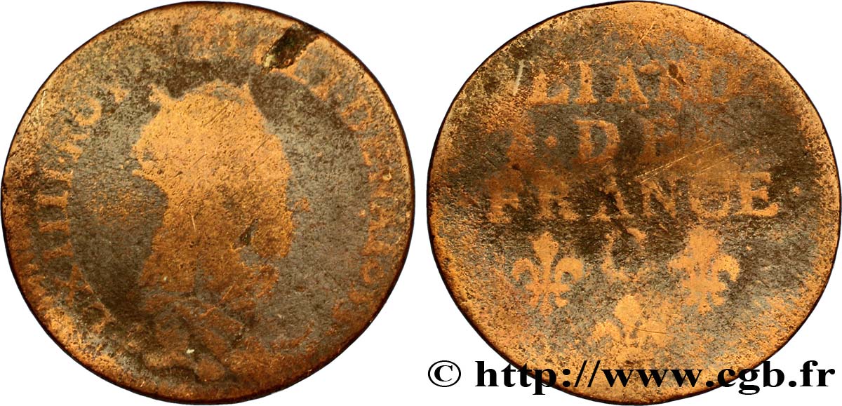LOUIS XIV LE GRAND OU LE ROI SOLEIL Liard de cuivre, 2e type 1655 Caen AB