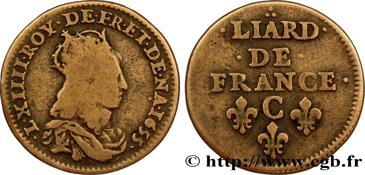 LOUIS XIV LE GRAND OU LE ROI SOLEIL Liard de cuivre, 2e type 1655 Caen TB