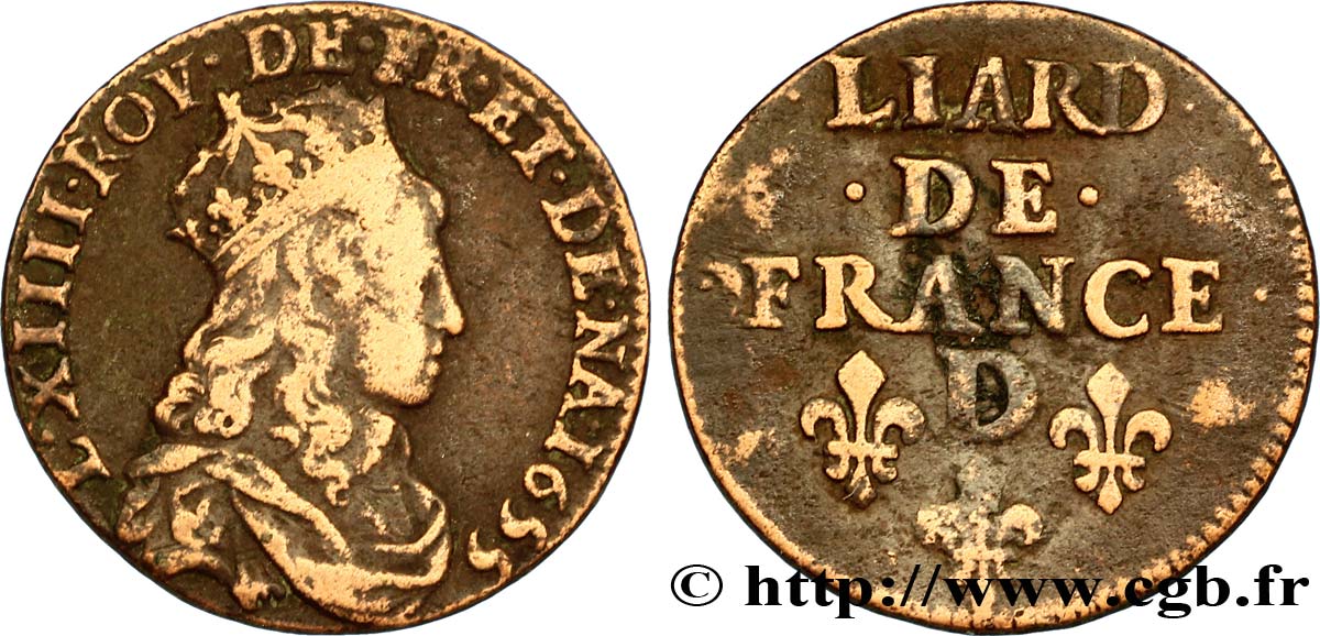 LOUIS XIV LE GRAND OU LE ROI SOLEIL Liard de cuivre, 2e type 1655 Vimy TB+