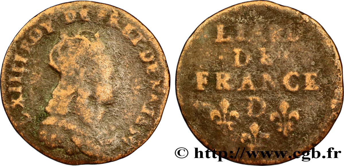 LOUIS XIV LE GRAND OU LE ROI SOLEIL Liard de cuivre, 2e type 1655 Vimy B