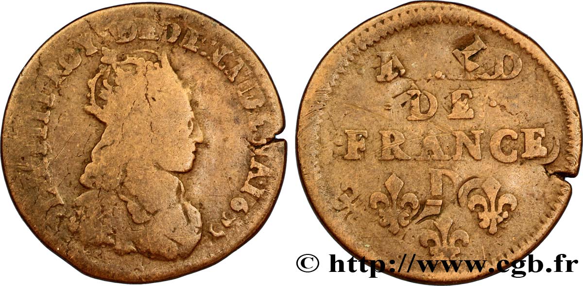 LOUIS XIV LE GRAND OU LE ROI SOLEIL Liard de cuivre, 2e type 1655 Vimy B+