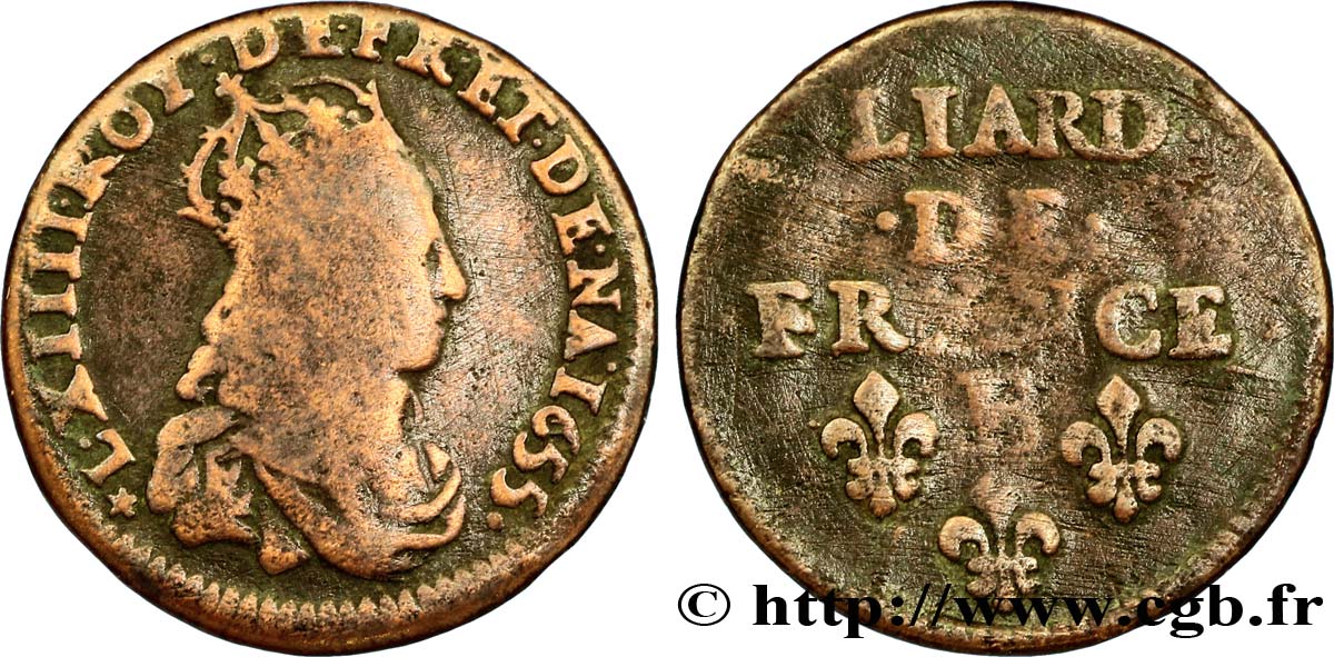 LOUIS XIV LE GRAND OU LE ROI SOLEIL Liard de cuivre, 2e type 1655 Meung-sur-Loire TB