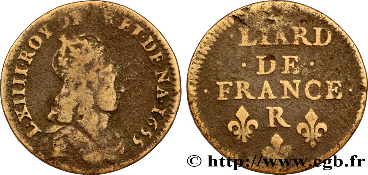 LOUIS XIV LE GRAND OU LE ROI SOLEIL Liard de cuivre, 2e type 1655 Nîmes TB+