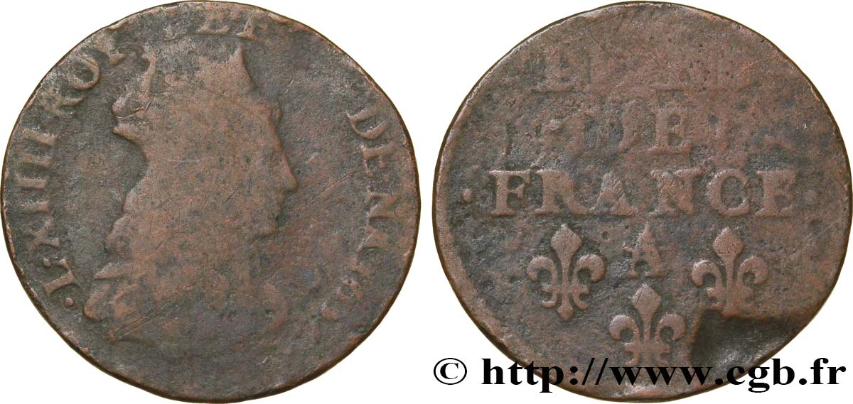 LOUIS XIV  THE SUN KING  Liard de cuivre, 2e type 1656 Corbeil RC