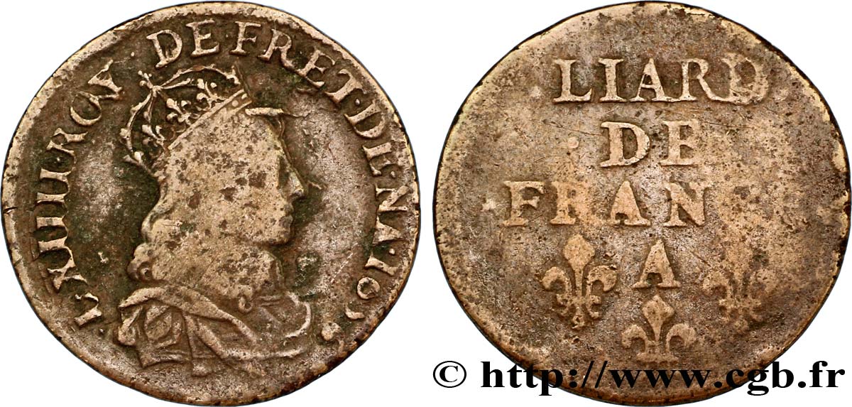 LOUIS XIV LE GRAND OU LE ROI SOLEIL Liard de cuivre, 2e type 1656 Corbeil TB