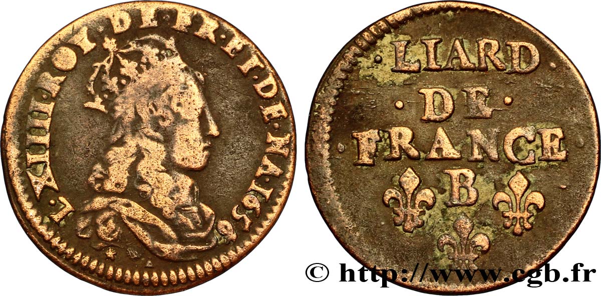 LOUIS XIV LE GRAND OU LE ROI SOLEIL Liard de cuivre, 2e type 1656 Pont-de-l’Arche TB+