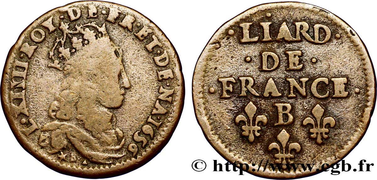 LOUIS XIV  THE SUN KING  Liard de cuivre, 2e type 1656 Pont-de-l’Arche S