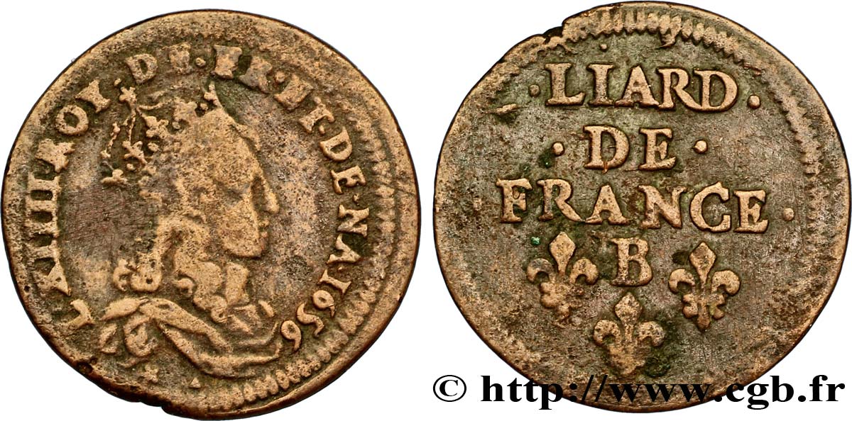 LOUIS XIV  THE SUN KING  Liard de cuivre, 2e type 1656 Pont-de-l’Arche MB