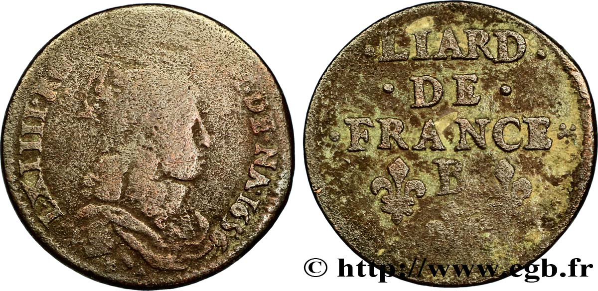 LOUIS XIV LE GRAND OU LE ROI SOLEIL Liard de cuivre, 2e type 1656 Acquigny B+