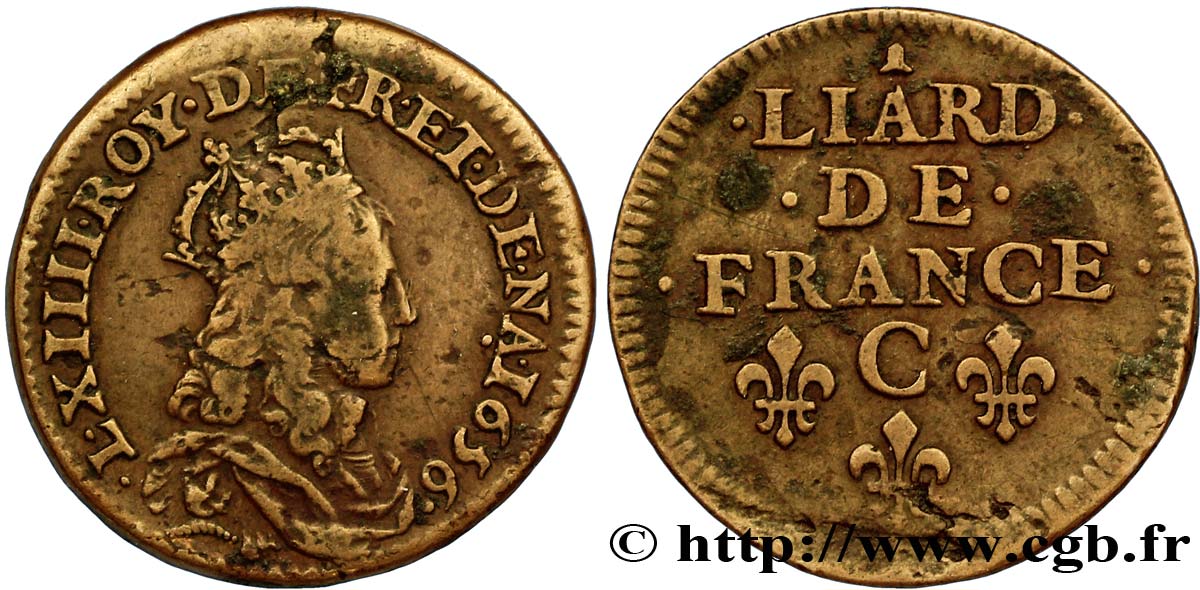 LOUIS XIV LE GRAND OU LE ROI SOLEIL Liard de cuivre, 2e type 1656 Caen TTB