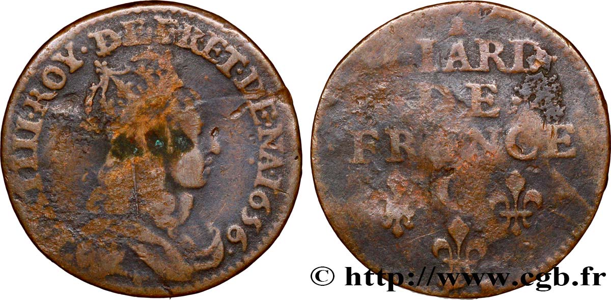 LOUIS XIV  THE SUN KING  Liard de cuivre, 2e type 1656 Caen VF