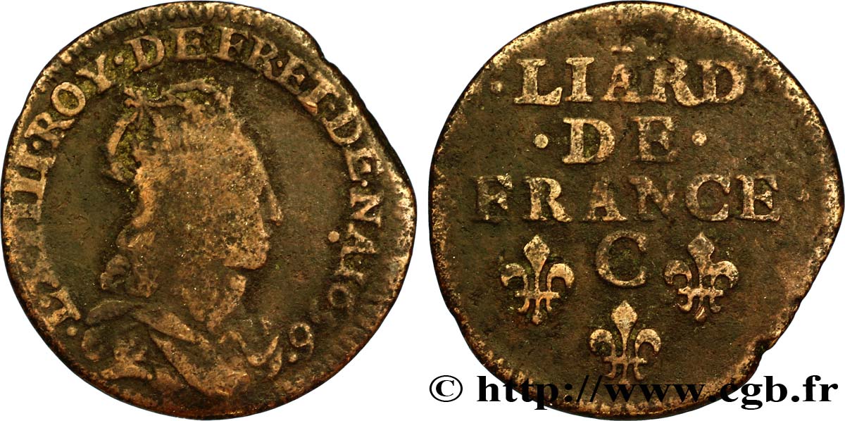 LOUIS XIV  THE SUN KING  Liard de cuivre, 2e type 1656 Caen BC