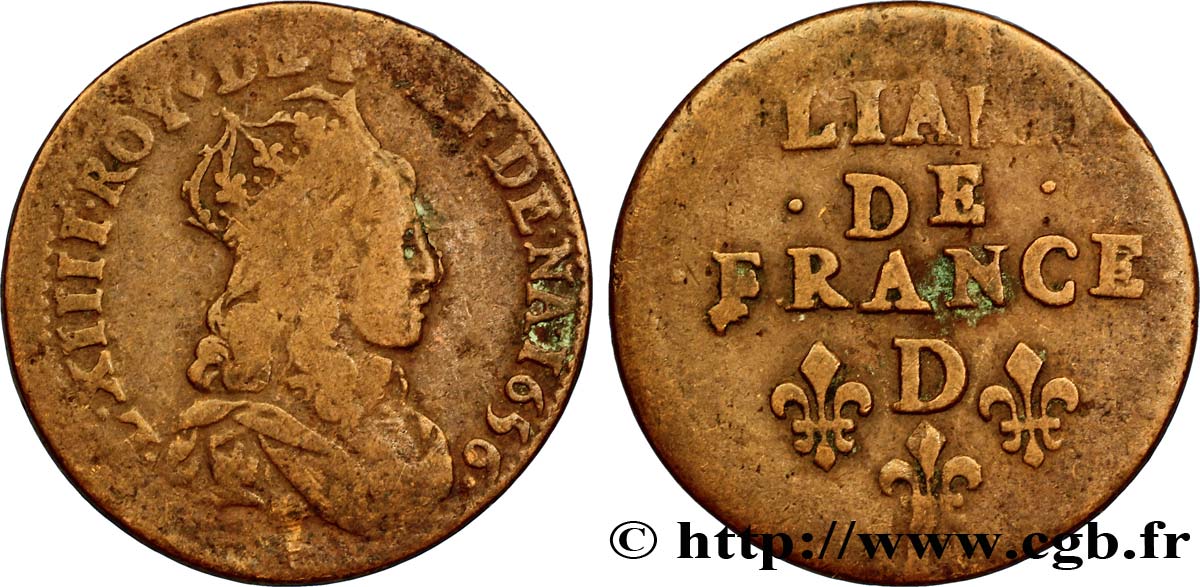 LOUIS XIV  THE SUN KING  Liard de cuivre, 2e type 1656 Vimy-en-Lyonnais (actuellement Neuville-sur-Saône) BC