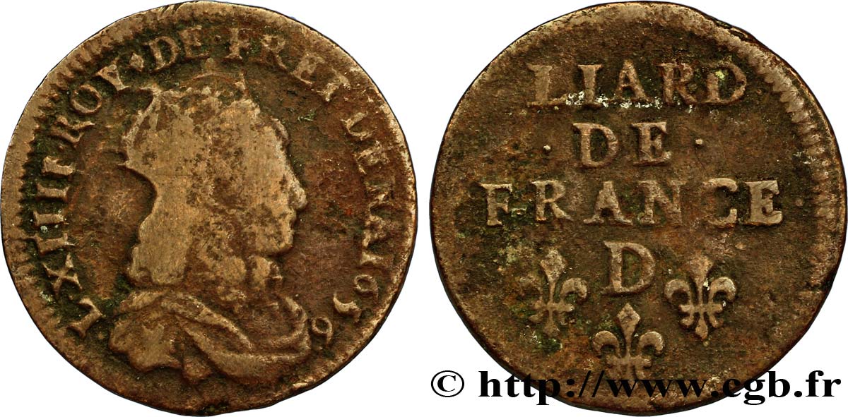 LOUIS XIV  THE SUN KING  Liard de cuivre, 2e type 1656 Vimy-en-Lyonnais (actuellement Neuville-sur-Saône) fS