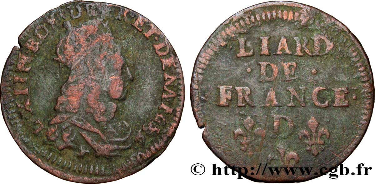 LOUIS XIV  THE SUN KING  Liard de cuivre, 2e type 1656 Vimy-en-Lyonnais (actuellement Neuville-sur-Saône) MB