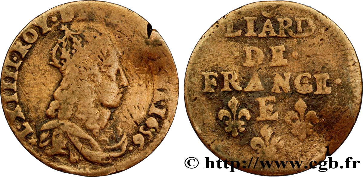 LOUIS XIV  THE SUN KING  Liard de cuivre, 2e type 1656 Meung-sur-Loire q.MB