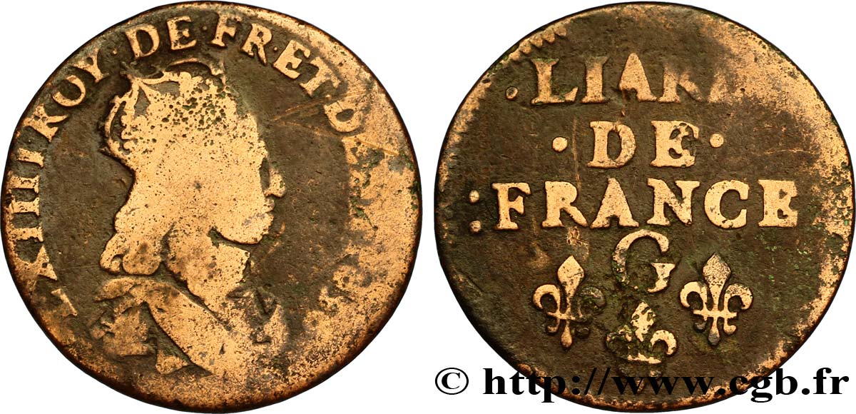 LOUIS XIV LE GRAND OU LE ROI SOLEIL Liard de cuivre, 2e type 1656 Lusignan B