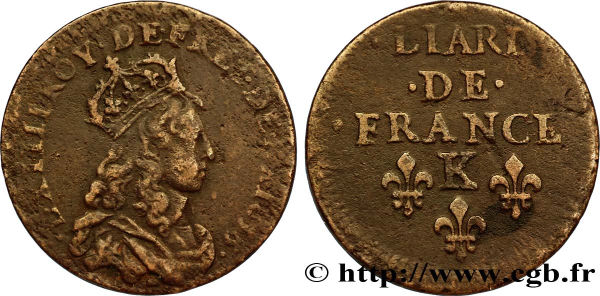 LOUIS XIV LE GRAND OU LE ROI SOLEIL Liard de cuivre, 2e type 1656 Bordeaux TTB