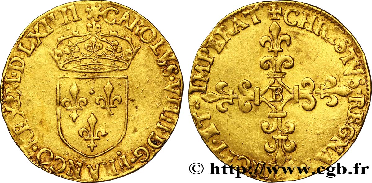 CHARLES IX Écu d or au soleil, 1er type 1564 Rouen BB