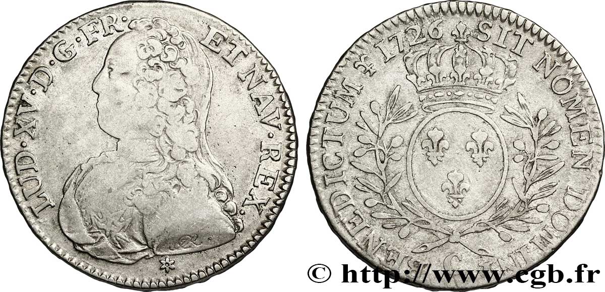 LOUIS XV DIT LE BIEN AIMÉ Demi-écu aux branches d&nbsp;olivier, buste habillé 1726 Caen TB+
