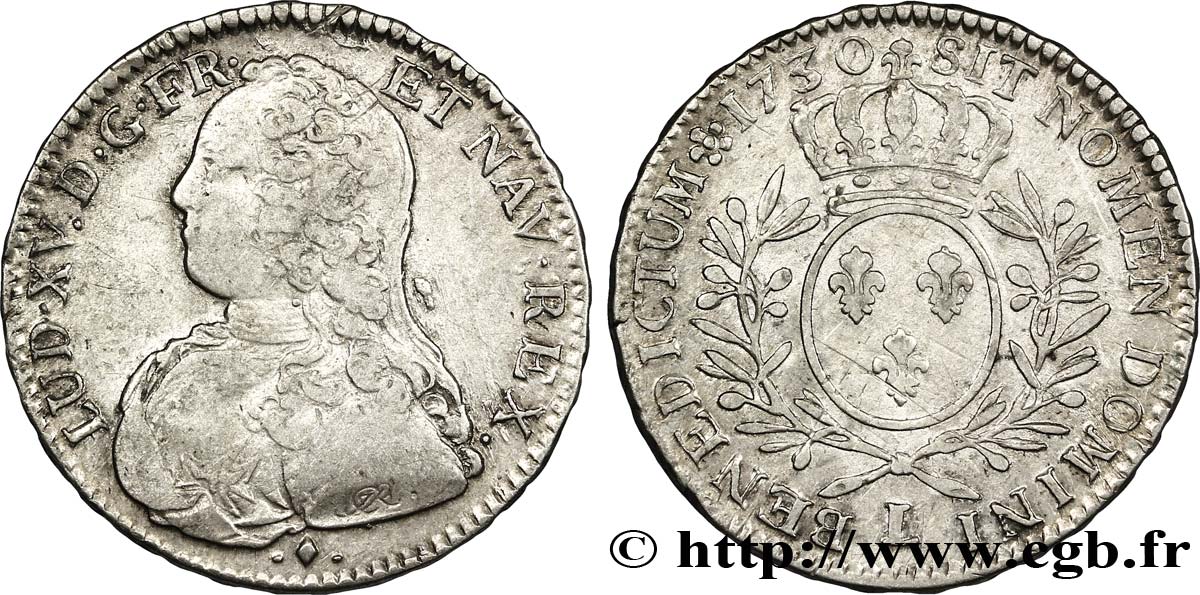 LOUIS XV DIT LE BIEN AIMÉ Demi-écu aux branches d&nbsp;olivier, buste habillé 1730 Bayonne TB+