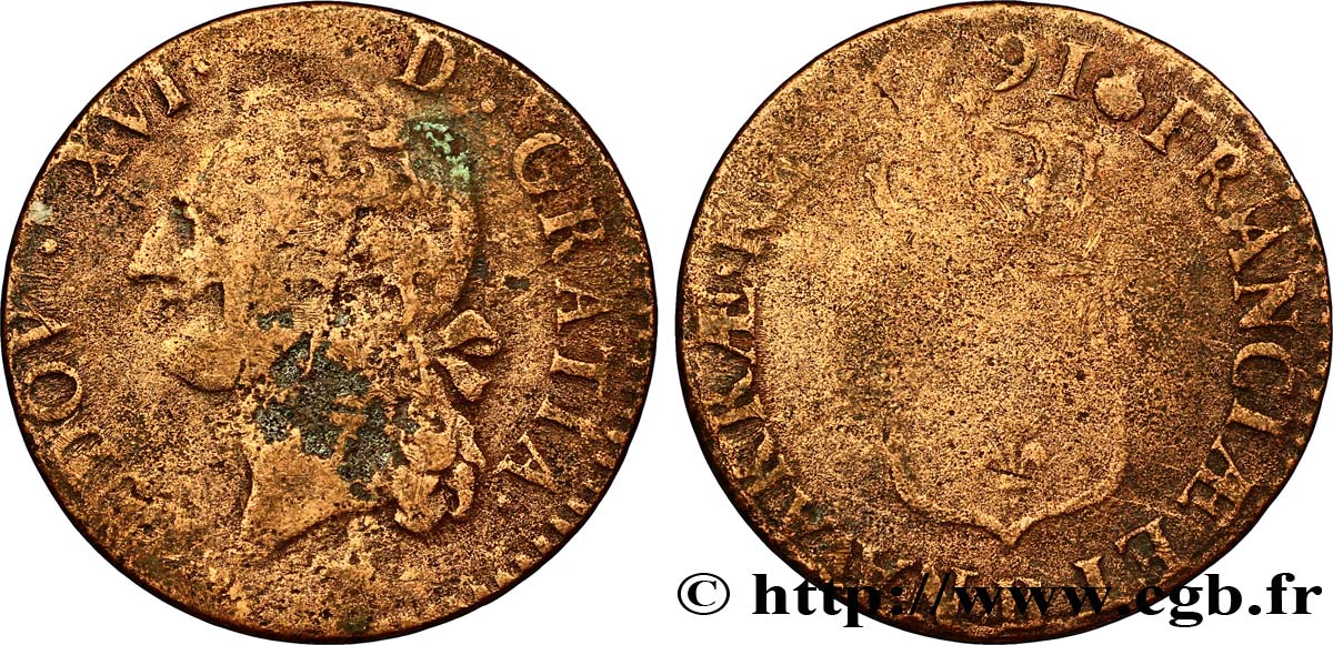 LOUIS XVI (MONARQUE CONSTITUTIONNEL)  Demi-sol dit “à l&nbsp;écu” 1791 Rouen TB/B