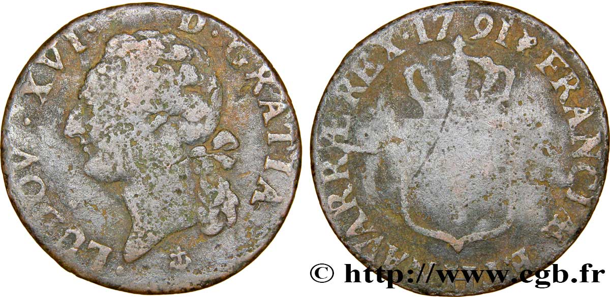 LOUIS XVI (MONARQUE CONSTITUTIONNEL)  Demi-sol dit &nbsp;à l&nbsp;écu&nbsp; 1791 La Rochelle B+