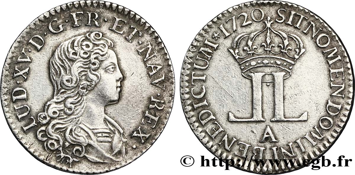 LOUIS XV  THE WELL-BELOVED  Livre d argent dite  de la Compagnie des Indes  1720 Paris q.SPL