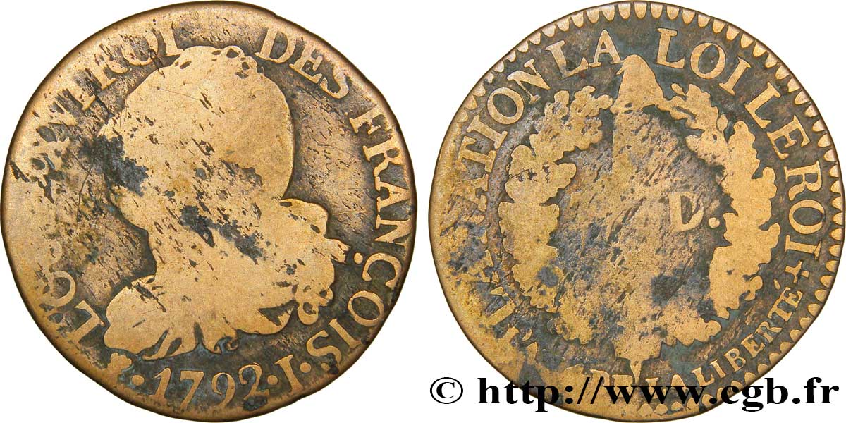 LOUIS XVI (MONARQUE CONSTITUTIONNEL)  3 deniers dit &nbsp;au faisceau&nbsp;, type FRANÇOIS 1792 Limoges B+