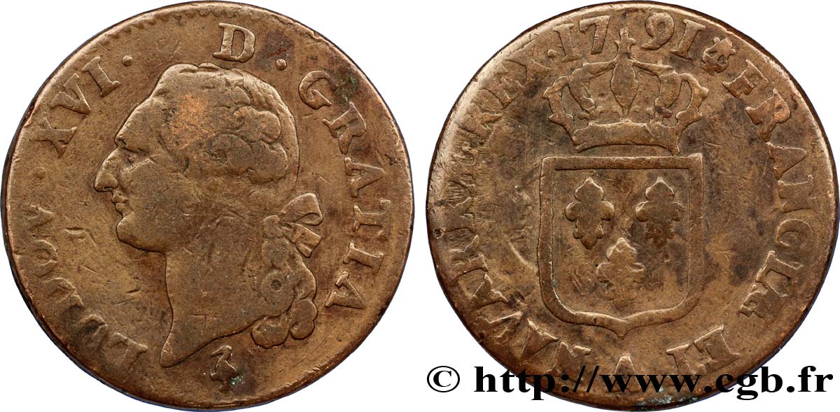 LOUIS XVI (MONARQUE CONSTITUTIONNEL)  Sol dit &nbsp;à l&nbsp;écu&nbsp; 1791 Paris TB