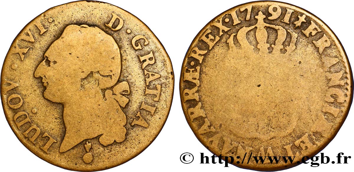 LOUIS XVI (MONARQUE CONSTITUTIONNEL)  Sol dit &nbsp;à l&nbsp;écu&nbsp; 1791 Metz B+